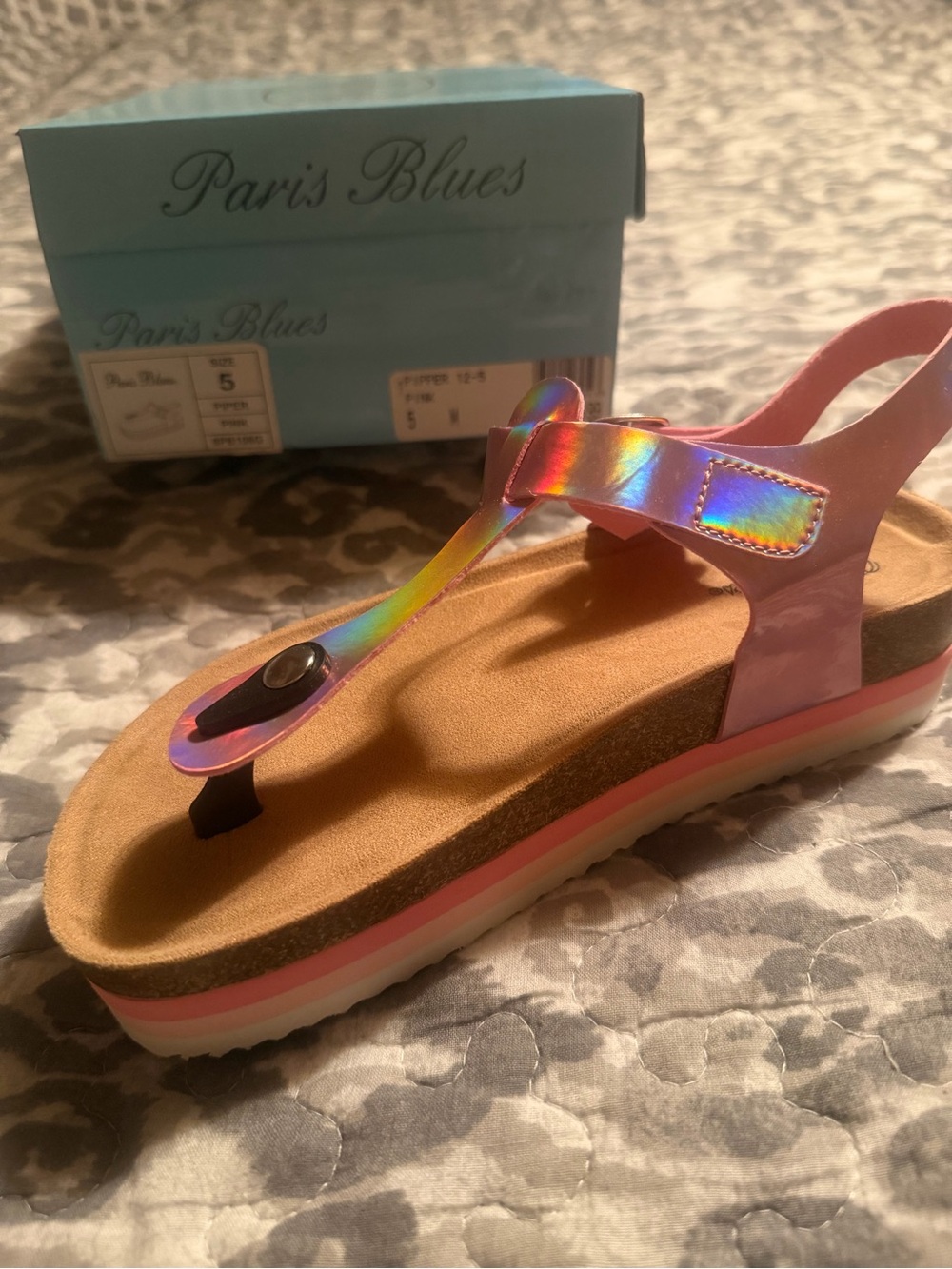 Paris Blues Girls' Pink Holographic T-Strap Platform Sandals